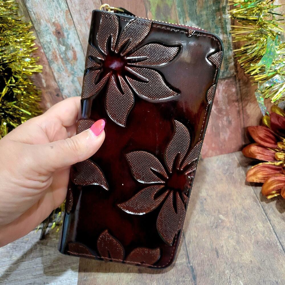 Women's Wallet Embossed Flower Design Zip-Around Wallet Shiny Faux Leather